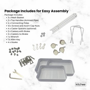 Kitchee 3-Tier Kitchen Storage Cart Trolley with Wheels - Shelf Organiser WHITE