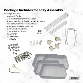 Kitchee 4-Tier Kitchen Storage Cart Trolley with Wheels - Shelf Organiser WHITE