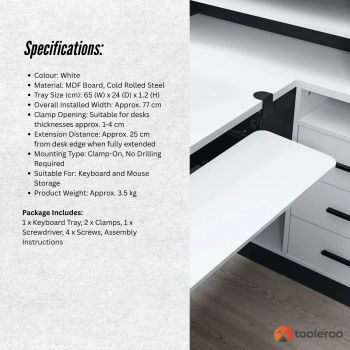 Tooleroo Computer Keyboard Tray Under Desk Clamp On Pull Out 65cm - White