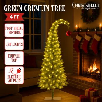 Christabelle 4ft Christmas Gremlin Tree Curved Top Red Bauble Built In Green & White LED Lights Foot Pedal Control