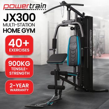 Powertrain JX-300 Multi Station Home Gym 44kg Weight Stack Cable Machine, Curl Pad Leg Extension and Pull-down Bar