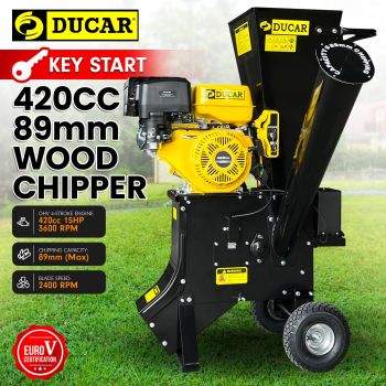 Ducar 89mm Key Electric Start Wood Chipper 420cc 15hp 4-stroke Engine Unleaded Petrol Garden Shredder Mulcher Grinder - 601c Black
