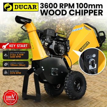 Ducar 70p 3600 Rpm Yellow Black Wood Chipper Shredder Mulcher Grinder Recoil & Electrical Starting System 100mm Capacity Ohv 4-stroke Engine 212cc Unleaded Petrol