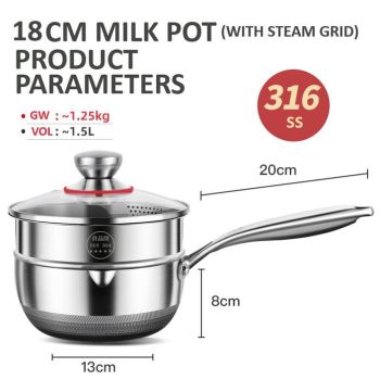 18cm 316L Stainless Steel Saucepan Compound Steel Honeycomb Nonstick Sauce Pan with Glass Lid 1.5L Pot Stay-Cool Handle Multipurpose Milk Saucepan, Induction Capable and Gas Stove