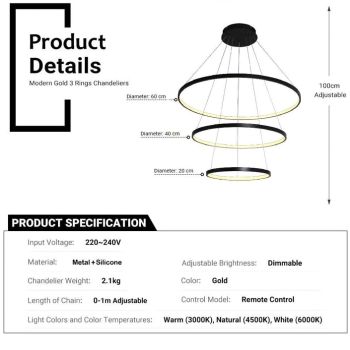 BAMDECOR 18801 Modern LED Chandelier, Dimmable Pendant Light with Remote Control Rings Round Ceiling Lighting Fixture 3 Color Temperatures Contemporary Chandeliers (3 Rings-Black)