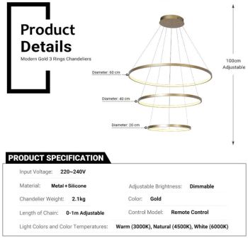BAMDECOR 18801 Modern LED Chandelier, Dimmable Pendant Light with Remote Control Rings Round Ceiling Lighting Fixture 3 Color Temperatures Contemporary Chandeliers (3 Rings-Gold)