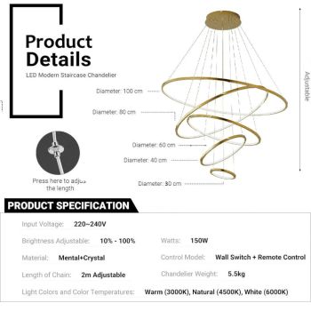 BAMDECOR A18801 Modern LED Chandelier, Dimmable Pendant Light with Remote Control Rings Round Ceiling Lighting Fixture 3 Color Temperatures Contemporary Chandeliers (5 Rings-Gold)