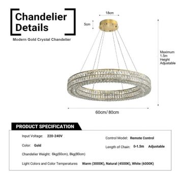 BAMDECOR C3332/1  Round Luxury Crystal Chandelier Modern LED Crystal Chandelier LED Ring Pendant Light Stainless Steel Ceiling Lamp Hanging Lights,for Dining Living Room (Gold)