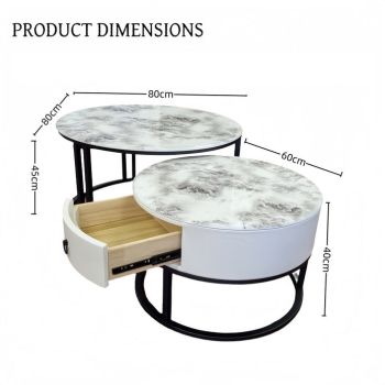 Snowy Mountain Faux Modern Marble Slate Nesting Coffee Table Set Leather Wrapped Wood Drawers