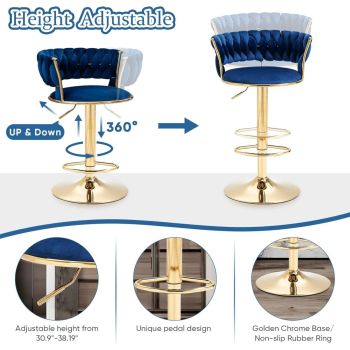 2x Height Adjustable Swivel Bar Stool Velvet Golden Base Barstools Chairs Padded Seat- Blue