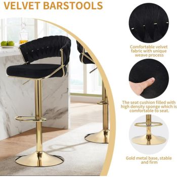 2x Height Beige Velvet Padded Golden Round Base Barstools Chairs