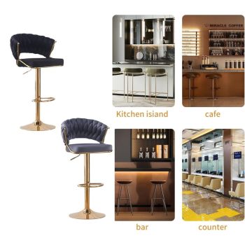 2x Height Blue Velvet Padded Golden Round Base Barstools Chairs