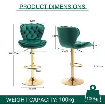 SERENITà Swivel Bar Stools Set of 2 Counter Height Barstools with Back Velvet Upholstered Adjustable Stool Chair Min Century Modern Bar Stool for Kitchen Island (Emerald Green)