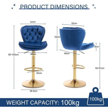 SERENITà Swivel Bar Stools Set of 2 Counter Height Barstools with Back Velvet Upholstered Adjustable Stool Chair Mid Century Modern Bar Stool for Kitchen Island (Navy Blue)