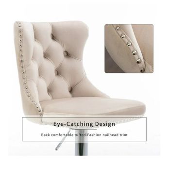 SERENITà Ivory Velvet Bar Stools Adjustable Swivel Counter Height Chairs with Tufted Back and Nailhead Trim for Kitchen Island Pub Restaurant (2Pcs, Chrome Metal)