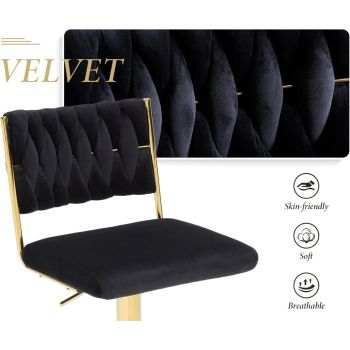 SERENITà  2x Velvet Bar Stools with Braided Back Elegant Kitchen High Chairs, Kitchen Island Stools Adjustable Height Swivel Bar Chairs with Gold Legs for Home-Black