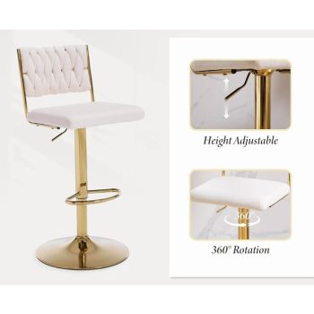 SERENITà 2x Velvet Bar Stools with Braided Back Elegant Kitchen High Chairs, Kitchen Island Stools Adjustable Height Swivel Bar Chairs with Gold Legs for Home-White