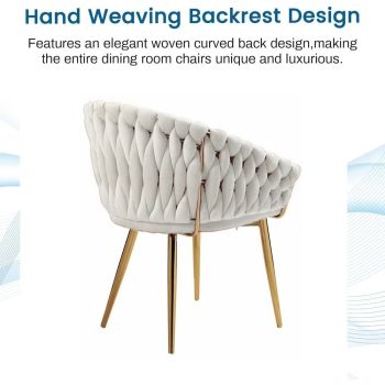 SERENITà Ivory Modern Velvet Dining Chairs, Upholstered Living Room Chair with Woven Back and Golden Metal Legs, Mid-Century Accent Set of 2(Ivory)