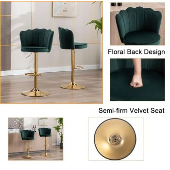 SERENITà Swivel Bar Stools Bar Height Set of 2 Adjustable Upholstered Counter Barstool Velvet Bar Chairs with Back/Gold Base for Kitchen Island/Bar/Cafe-Emerald Green