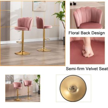 SERENITà Swivel Bar Stools Bar Height Set of 2 Adjustable Upholstered Counter Barstool Velvet Bar Chairs with Back/Gold Base for Kitchen Island/Bar/Cafe-Pink