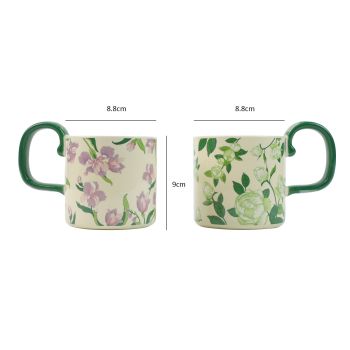 2X High-Fired Ceramic Porcelain Mug Set with Lid 400ml Vintage Floral Tea Spoon GREEN