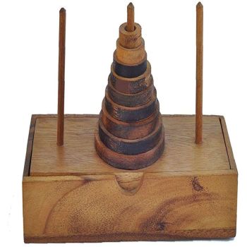 Pagoda 9 ring brain teaser puzzle, wood, handmade 3D puzzle-arrange rings on end column to solve