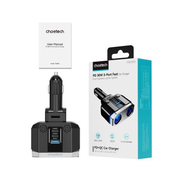 CHOETECH TC0020 45W 2 Sockets + 2x USB-C + 1x USB-A Cigarette Lighter Splitter