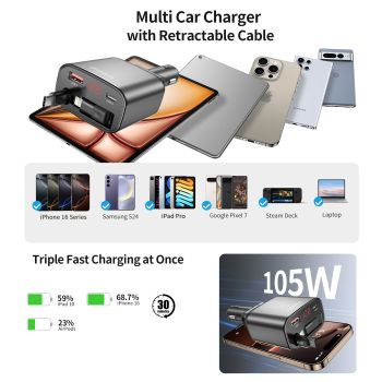 CHOETECH TC0033 105W USB-C+USB-A Fast car charger with Stretchable USB-C + Lightning cables