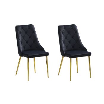 Button Tufted Black with Gold Legs Dining Chairs - Set of 4