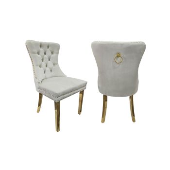 Set of 2 -Alsea Beige Velvet & Gold Polished Steel Dining Chairs Upholstered Tufted Stud Trim and Ring  