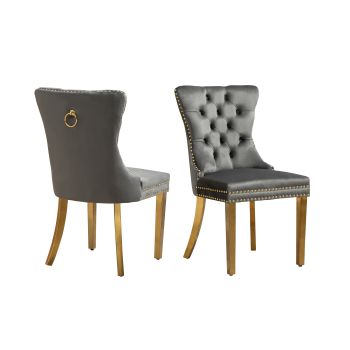 Set of 2 -Alsea Dark Grey Velvet & Gold Polished Steel Dining Chairs Upholstered Tufted Stud Trim and Ring  