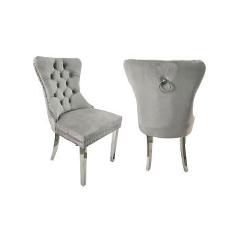 Set of 2 -Alsea Light Grey Velvet & Silver Polished Steel Dining Chairs Upholstered Tufted Stud Trim and Ring  