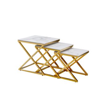 Bella Set of 3 Gold Side Table - White Marble