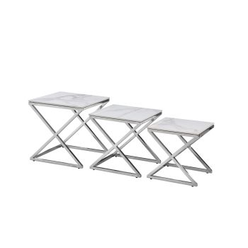 Bella Set of 3 Silver Side Table - White Marble