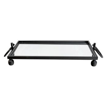 Eliza Small Rectangle Iron Mirror Tray with Handles - Black