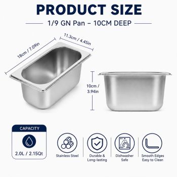 Commercial Stainless Steel GN 1/9 100mm Deep Gastronorm Bain Marie Buffet Steam Table Food Pan