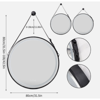 Interior Ave - LED Round Hanging Salon / Bathroom Wall Mirror - Black - 80cm