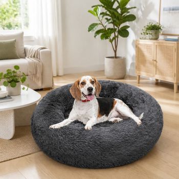 Dog Pet Cat Calming Bed Warm Plush Round Nest Comfy Sleeping Bed Dark Grey 90cm