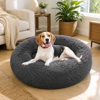 Dog Pet Cat Calming Bed Warm Plush Round Nest Comfy Sleeping Bed Dark Grey 70cm
