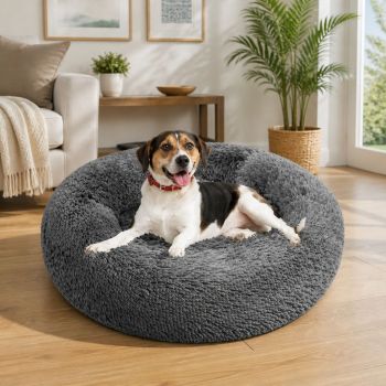 Dog Pet Cat Calming Bed Warm Plush Round Nest Comfy Sleeping Bed Dark Grey 100cm