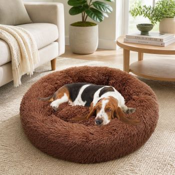 Pet Dog Bedding Warm Plush Round Comfortable Dog Nest Light Coffee Large 90cm