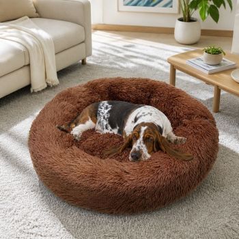Pet Dog Bedding Warm Plush Round Comfortable Nest Sleeping kennel Coffee M 70cm