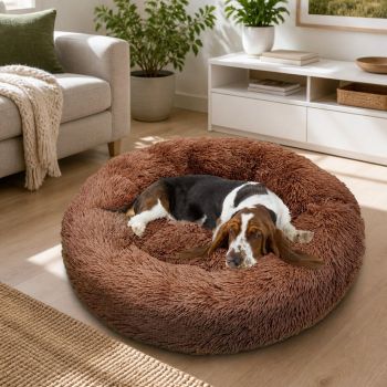 Pet Dog Bed Bedding Warm Plush Round Soft Dog Nest Light Coffee XL 100cm