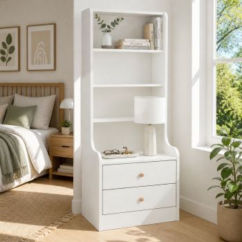 HYGGO White Nightstand Bedside Table with Drawers Minimalist Tall Bookshelf Cabinet