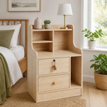HYGGO Light Wood Bedside Table Drawer Nightstand Open Shelf Storage Tray Nordic 70cm