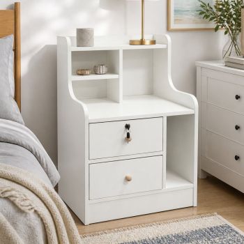 HYGGO White Nightstand Drawer Shelf Storage Tray Wooden Knob Bedside Table Minimalist