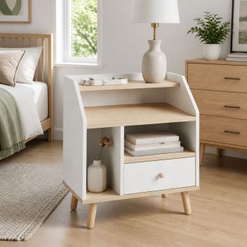HYGGO Bedside Table Drawer Nightstand Wooden Legs Open Shelves Side Compartment White