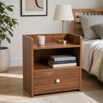 HYGGO Vintage Bedside Table Walnut Nightstand Drawer Open Shelf White Knob 48cm