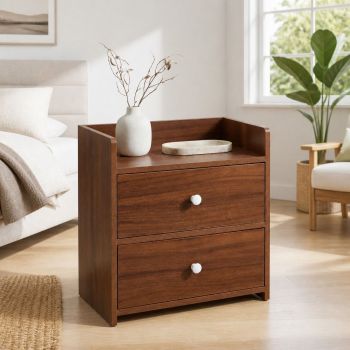 HYGGO Bedside Table Nightstand Walnut Wood Grain Double Drawer Tray Top White Handles