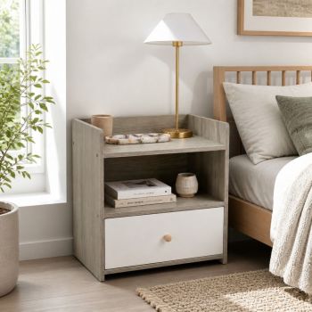 HYGGO Bedside Table Drawer Nightstand Light Gray Wood Grain Storage Tray White 48cm